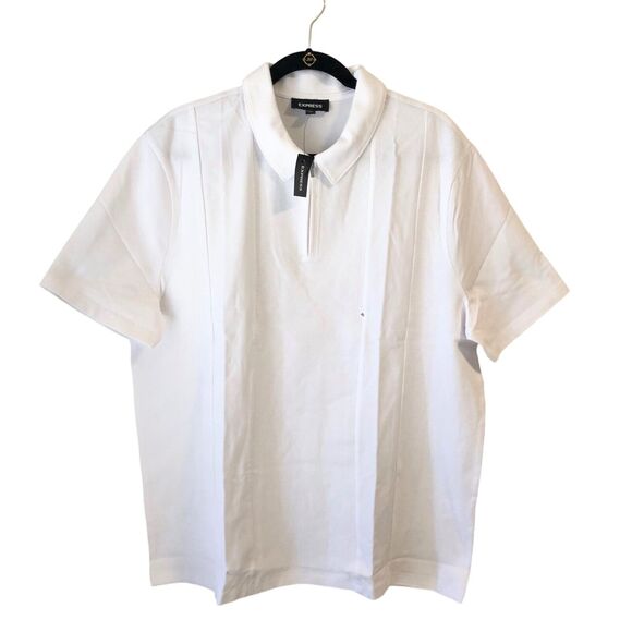 NEW Express White Polo Shirt Mens XL Waffle Pieced Zip Polo Panel 1/4 Zipper - Picture 4 of 10